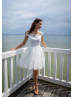 Boat Neck Ivory Lace Tulle Keyhole Back Short Wedding Dress 